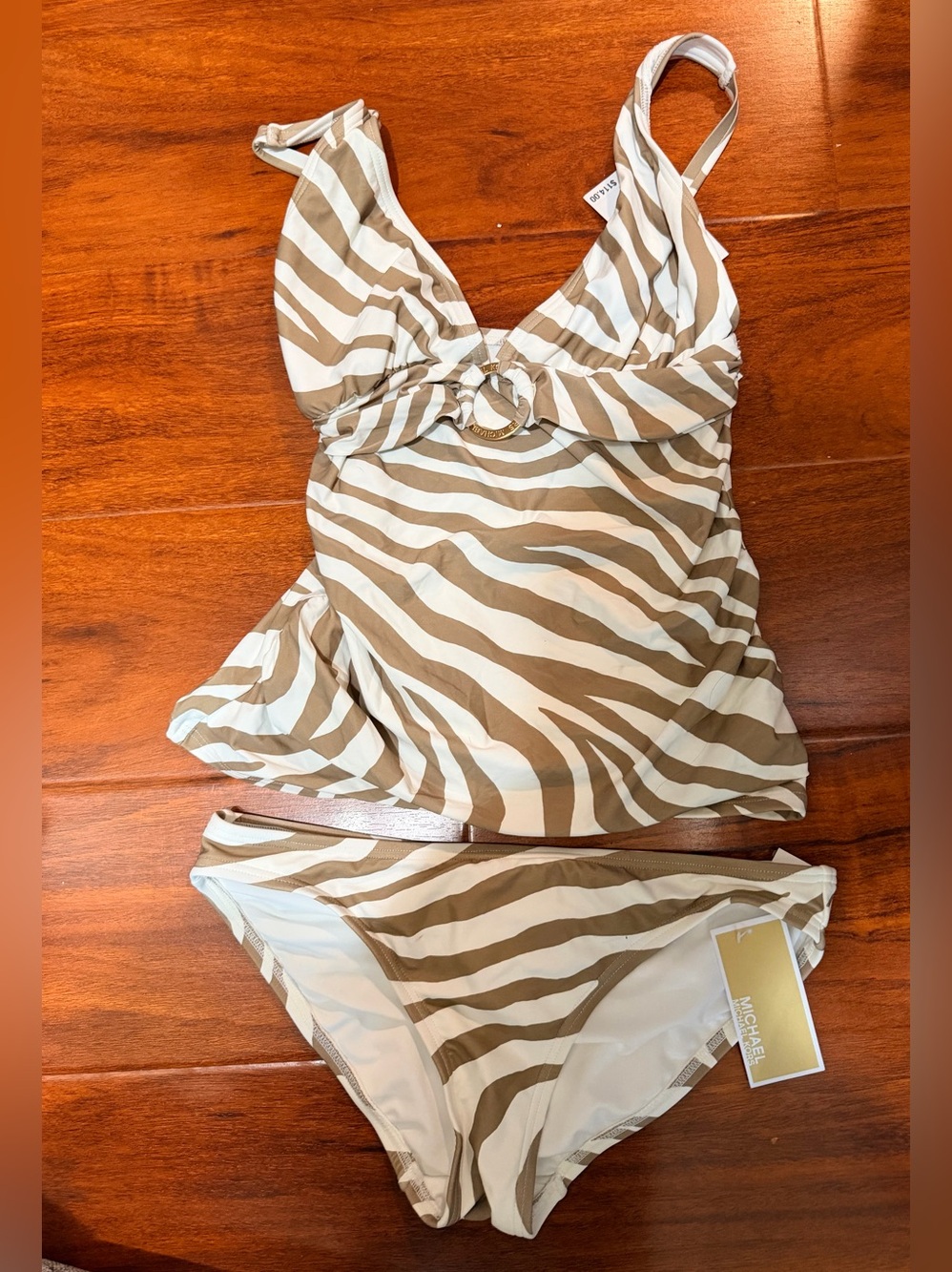 Michael Kors Tan and White Zebra-Stripe Tankini size S- NWT
